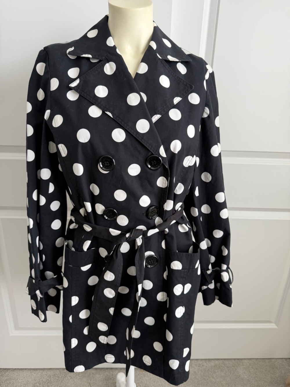 Anne Klein Polka Dot Trench Coat Womens Small Black White Double Breasted Belted